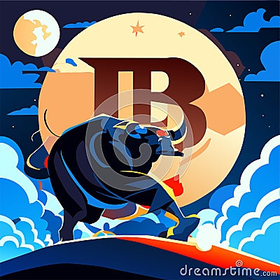 Bull on the road in the moonlight. Vector illustration in flat style Generative AI Vector Illustration