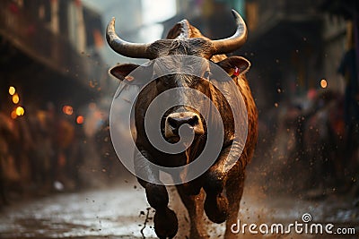 a bull running through a city street with people in the background Stock Photo