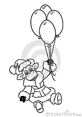 Bull santa claus flight balloons christmas animal character cartoon coloring page Cartoon Illustration