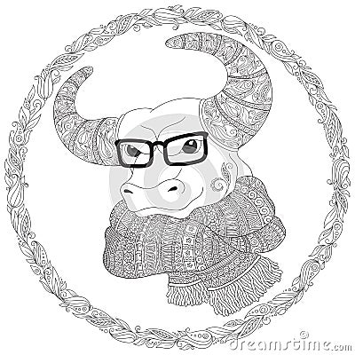 Bull in a scarf and glasses. Vector Illustration