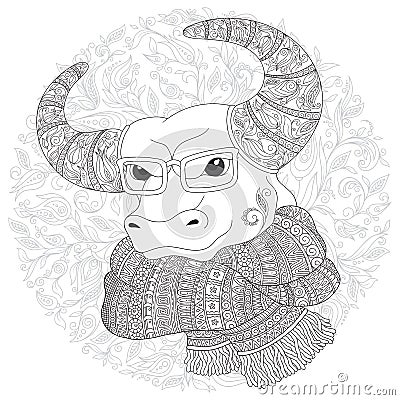 Bull in a scarf and glasses. Vector Illustration