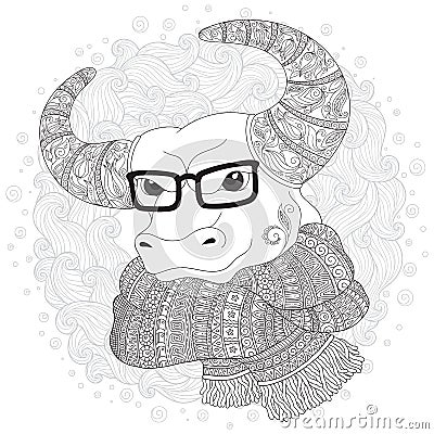 Bull in a scarf and glasses. Vector Illustration