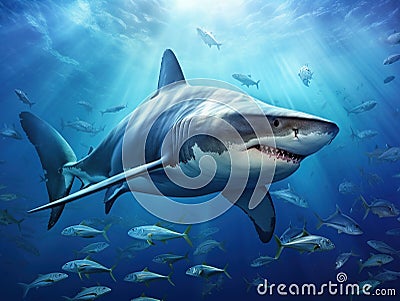 Ai Generated illustration Wildlife Concept of Bull shark and fish Cartoon Illustration