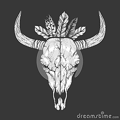 Bull skull with feathers native Americans tribal style. Tattoo blackwork. Vector hand drawn illustration Vector Illustration