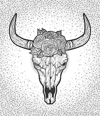 Bull skull with roses native Americans tribal style. Tattoo blackwork. Vector hand drawn illustration. Boho Vector Illustration