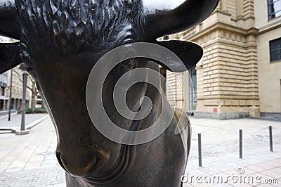 Bull statue in front of the Stock Exchange Building in Frankfurt Editorial Stock Photo