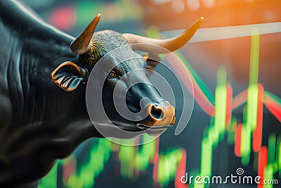 bull with stock market chart in the background Stock Photo