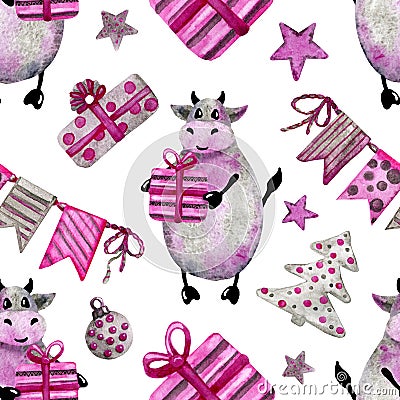 Bull is the symbol New Year 2021 gives gifts. Seamless pattern. Watercolor hand drawn illustration isolated on white background Cartoon Illustration