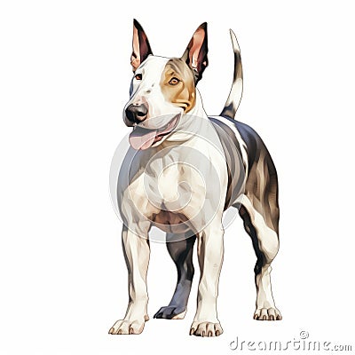 Realistic Portrait Of A White And Gray Bull Terrier On White Background Stock Photo