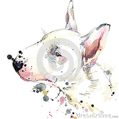 Bull Terrier dog T-shirt graphics. dog illustration with splash watercolor textured background. unusual illustration watercolor Cartoon Illustration