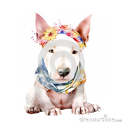 Puppy Love: A Sweet Watercolor Portrait of a Bull Terrier with Headband and Bandana AI Generated Stock Photo