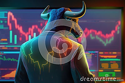 Bull wearing suit working with graph on screen, Bullish in Stock market and Crypto currency. Created Generative Ai Stock Photo