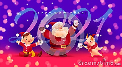 Happy New year illustration with 2021 numbers, Santa Claus, boy elf in red costume, bull mascot cartoon characters celebrating on Vector Illustration