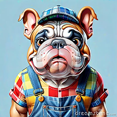 Bulldog bull dog old pet companion face portrait Cartoon Illustration