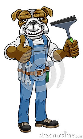 Bulldog Car Or Window Cleaner Holding Squeegee Vector Illustration