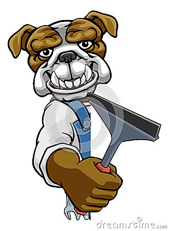 Bulldog Car Or Window Cleaner Holding Squeegee Vector Illustration