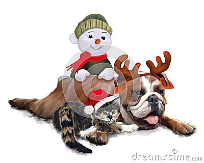 Bulldog with cat and Snowman at Christmas Stock Photo