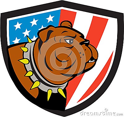 Bulldog Head USA Flag Crest Cartoon Vector Illustration