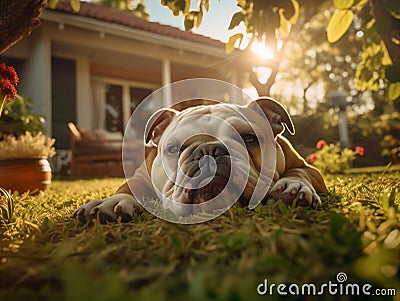 a bulldog lying on the grass in the house backyard Stock Photo