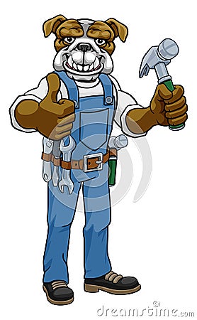 Bulldog Mascot Carpenter Handyman Holding Hammer Vector Illustration