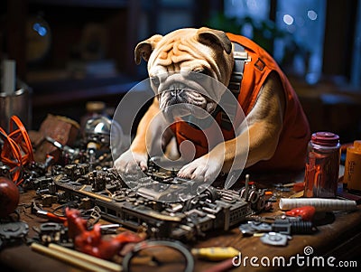 Bulldog mechanic fixing toy car Stock Photo