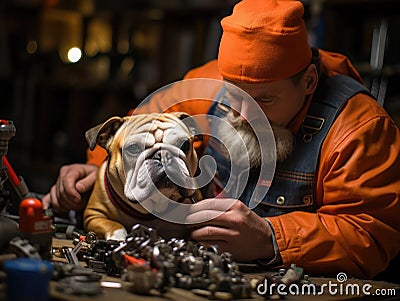 Bulldog mechanic fixing toy car Stock Photo