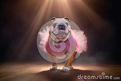 A bulldog with a pink tutu on a floor dancing Stock Photo