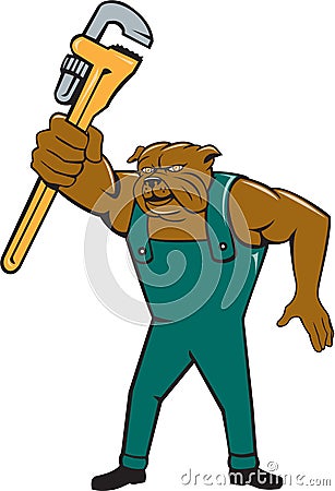 Bulldog Plumber Monkey Wrench Isolated Cartoon Vector Illustration