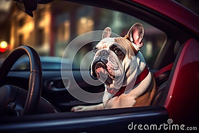 Bulldog Sitting in Car Image. Generative AI Stock Photo