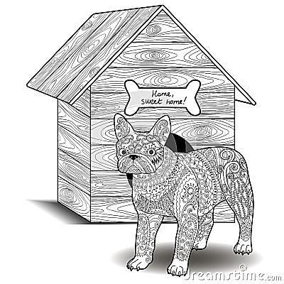 Bulldog standing in front of the doghouse. Vector Illustration
