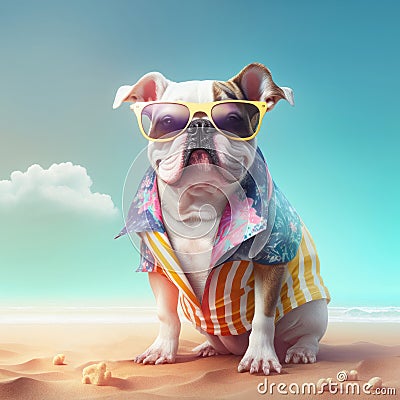 Bulldog in summer costume. Summer bull dog breed sitting in sand wearing stylish beach. Stock Photo