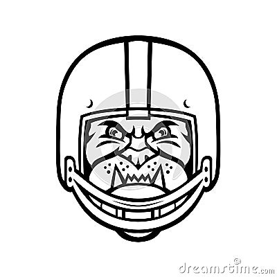 Bulldog Wearing American Football Helmet Front View Mascot Black and White Vector Illustration