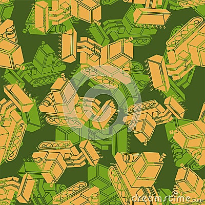 Bulldozer Army pattern seamless. Grader Military background. Agrimotor khaki ornament. Tractor Protective texture Vector Illustration
