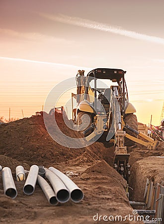 Bulldozer carving hole for pipe laying on constructions site. Stock Photo