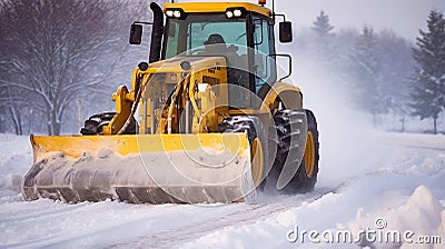 The bulldozer cleans snow on the road, with snowstorm in the background, Generative AI Stock Photo