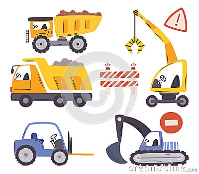 Bulldozer, Crane, Excavator, Forklift And Dump Truck Construction Vehicles, Dig, Lift, And Move Materials, Machines Set Vector Illustration