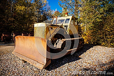 Bulldozer CTZ T-100M at industrial open air museum Solvay quarries Solvayovy lomy, Saint John under the Cliff Svaty Jan pod Editorial Stock Photo