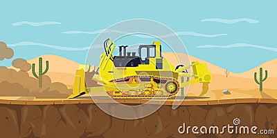 A bulldozer heavy equipment on desert with cactus as background Cartoon Illustration