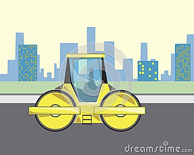 A bulldozer with roller and road works in the city, a flat vector stock illustration as a concept of construction work on laying Vector Illustration