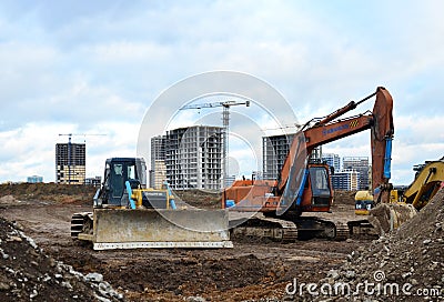 Bulldozer Shantui SD16 and Group Excavators brands of the Kraneks and CATERPILLAR Editorial Stock Photo