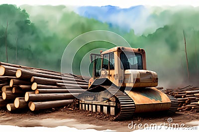 A Bulldozer Sitting On Top Of A Pile Of Logs. Generative AI Stock Photo