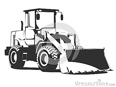 Bulldozer tractor isolated on background. Black and white vector illustration on white background. Vector Illustration