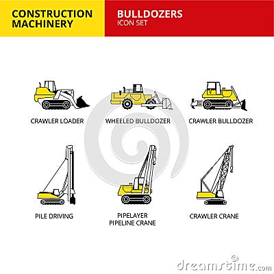 bulldozer vehicle and transport construction machinery icons set Vector Illustration