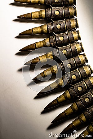Bullet belt, weapon and military background Stock Photo