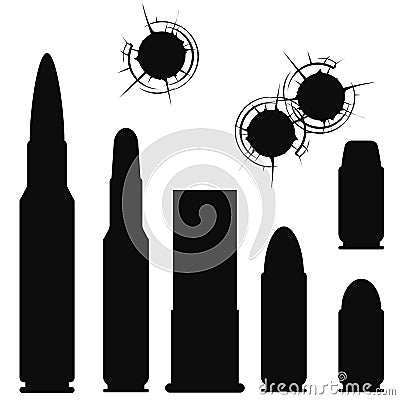 Bullet, cartridge case and bullethole Vector Illustration