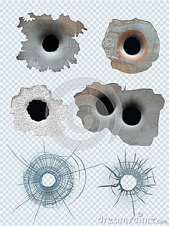 Bullet circle hole. Crashed guns bullet marks damaged surface vector realistic template Vector Illustration