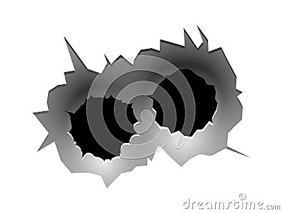 Bullet circle hole. Realistic bullets traces in metallic wall or auto, two circle holes, military shooting range, steel Vector Illustration