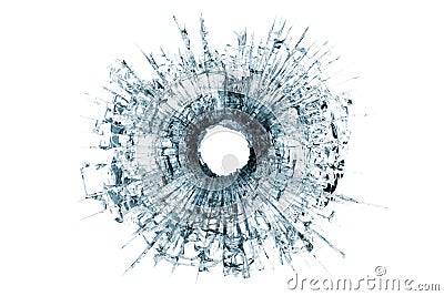 Bullet hole in glass isolated on white Stock Photo