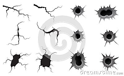 Bullet hole and ground cracks set. Metal single and double bullet hole, damage effect. Earthquake and ground cracks Vector Illustration