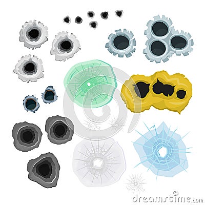 Bullet hole of gunshot vector set gun shoot in holed metal target Vector Illustration